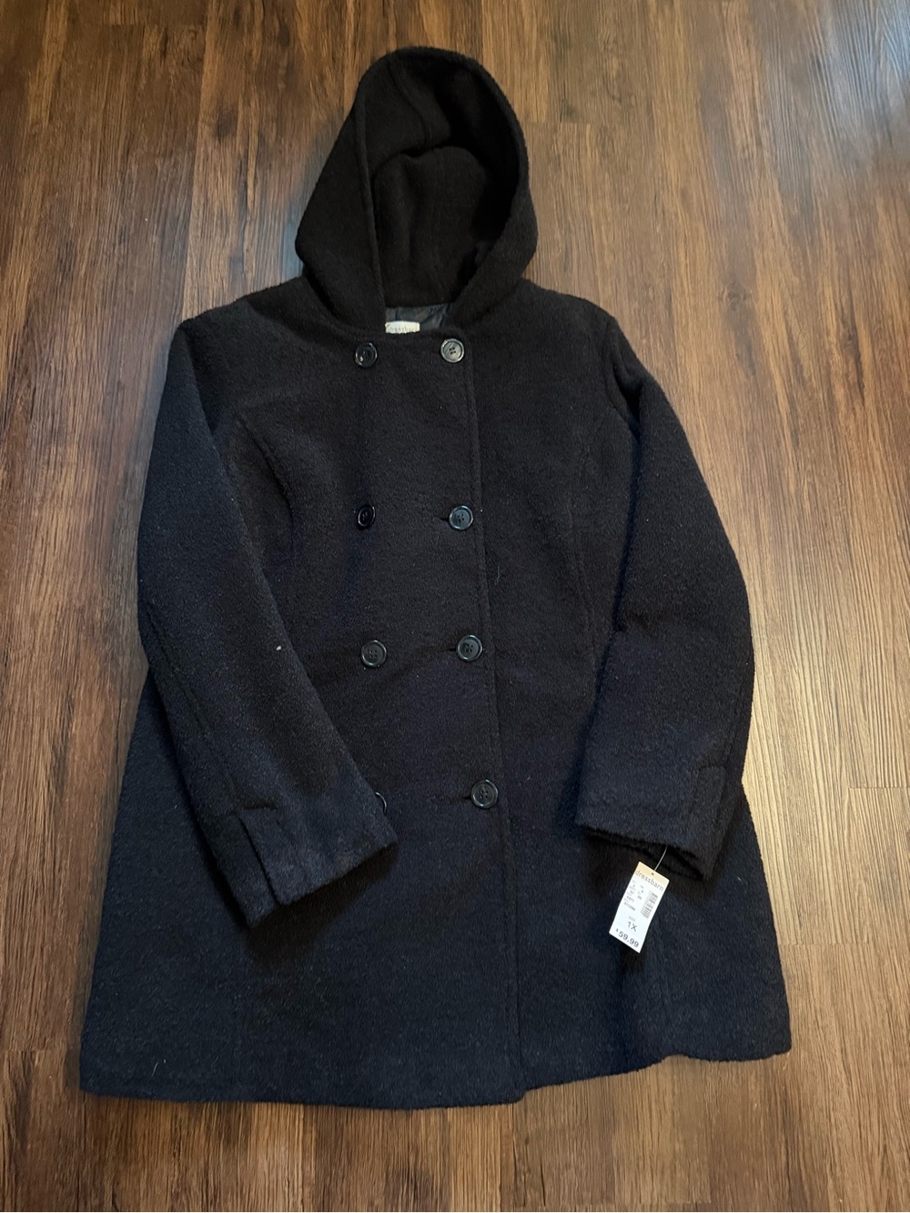 dressbarn Black Hooded Double-Breasted Hooded Pea Coat